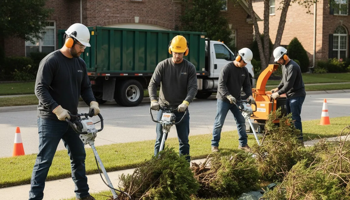 Tree service crew removing shrubs in Allen, TX for safe, efficient yard clearing