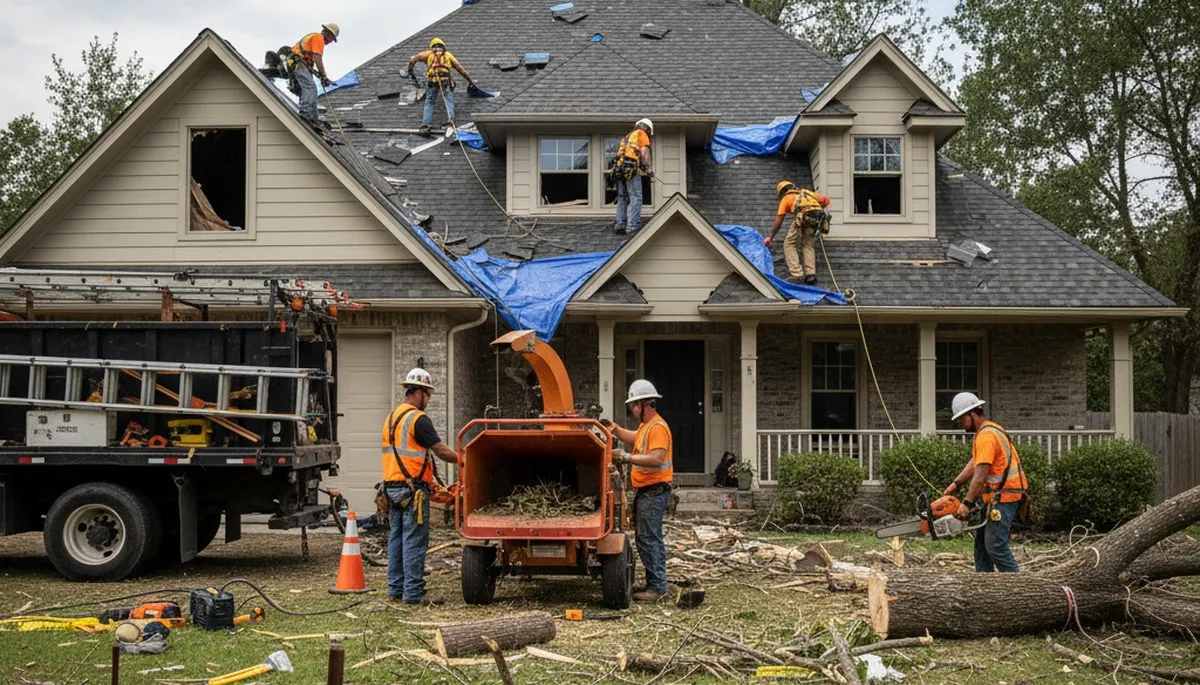 Storm damage cleanup crew removing fallen tree limbs in Allen, TX